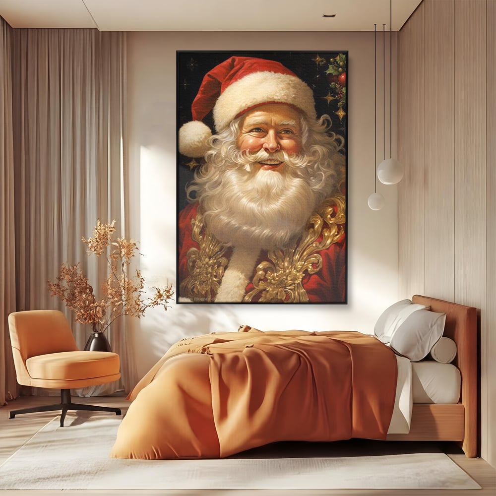 Tablou canvas cu tablou canvas cu portretul lui mos craciun, in rama de aluminiu negru, pe perete intr-un dormitor
